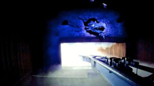 Innenaufnahme der Achterbahn Fenix im Toverland, mit einer thematischen Drachenprojektion an einer Steinwand und einer Schiene, die in einen Nebelbereich führt.