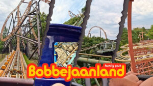Collage von Achterbahnen im Bobbejaanland Family Park, mit Loopings, Schienenstrukturen und thematisch gestalteten Abschnitten der Attraktionen.